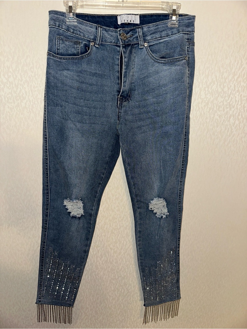 Thrill Blue Distressed Ankle Jeans with Fringe Hem